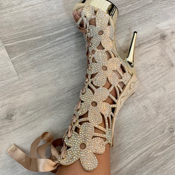 Pleaser Gold Flower Cutout Lace Up Stiletto Boots - Picture 9 of 11